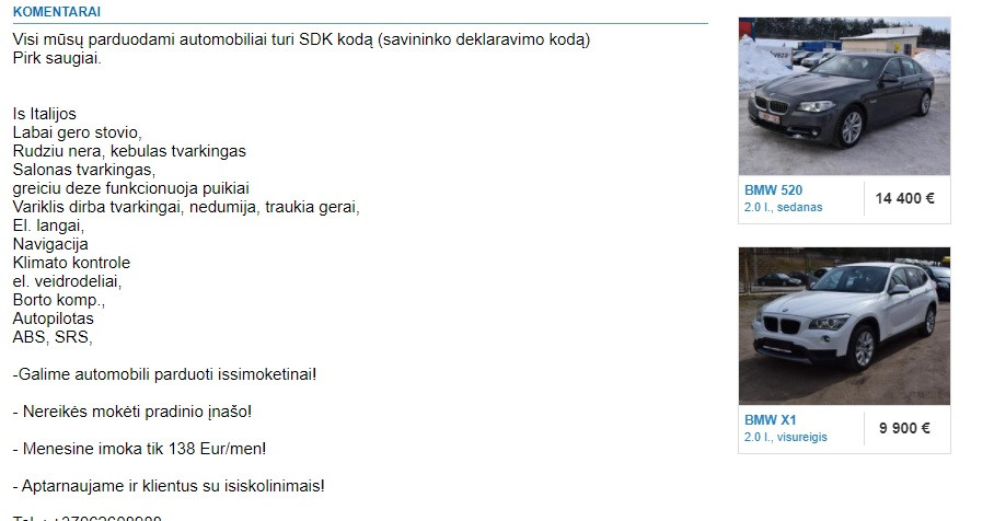 Būkite budrūs: internete pastebėti sukčiavimo atvejai dėl automobiių, turinčių SDK