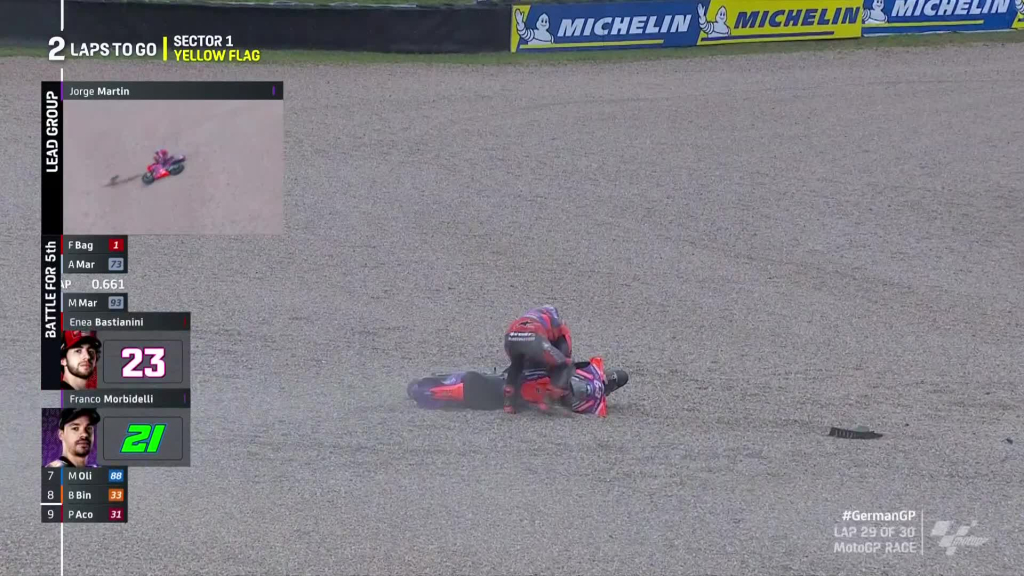 <span style="background:#d5002c; color:white; padding: 0 2px">MotoGP</span> Vokietijos lenktynėse – J. Martino avarija lygioje vietoje bei Pecco triumfas